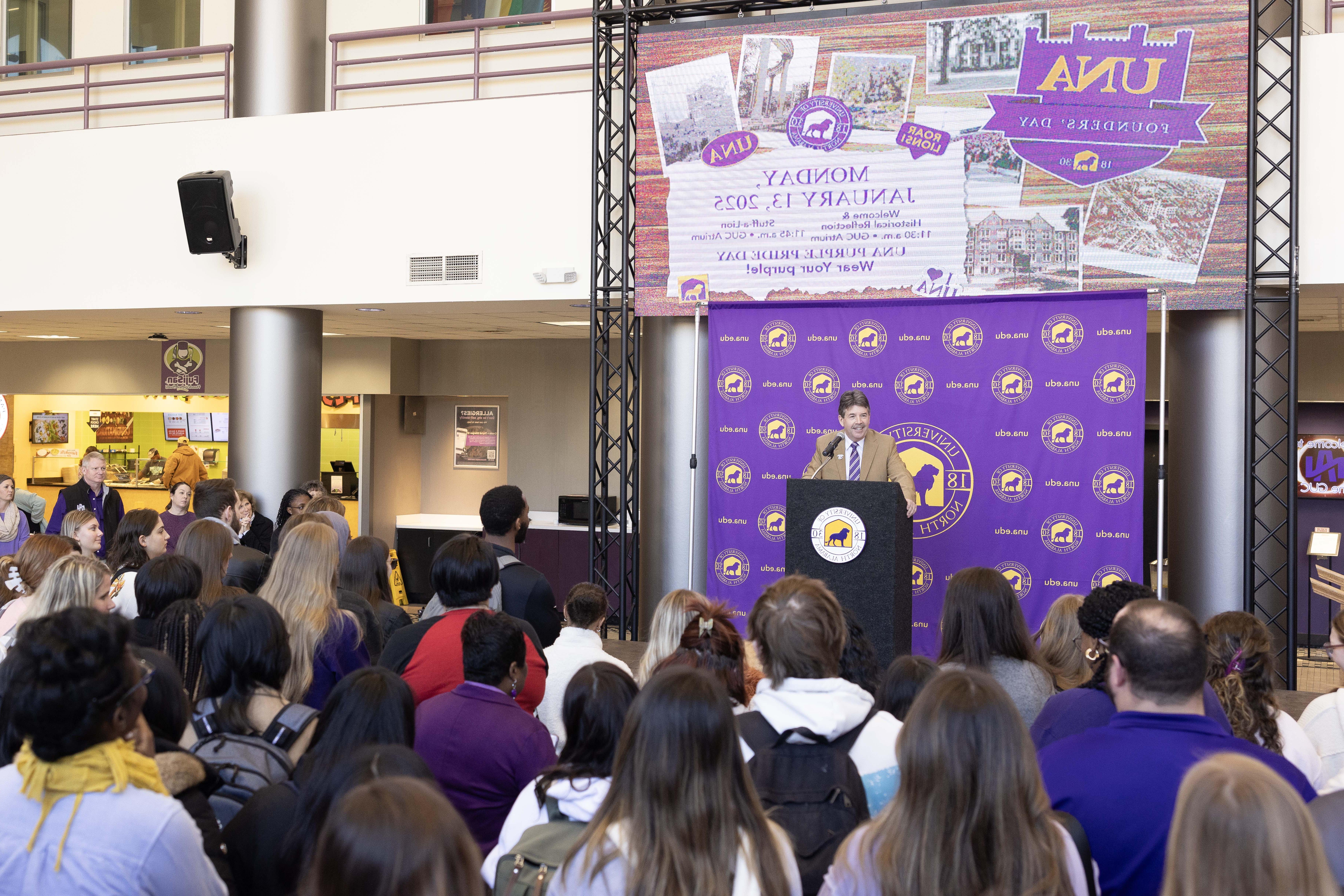 UNA President Ken Kitts announces the multi-year run-up to UNA's Bicentennial in 2030 as part of the 2025 Founders' Day event.